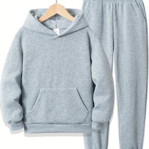 TEMU 2pcs 남아 가을 겨울 패션 캐주얼 운동복 세트, 아동용 클래식 단색 후드티 및 긴 바지, 데일리 및 야외 활동에 적합, 학교 유니폼, 야외 활동용