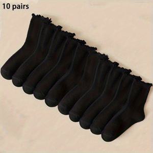 TEMU 여성용 블랙 플리츠 레이스/러플 미드 카프 양말 10켤레, 롱 삭스, 따뜻하고 편안하며 통기성 좋은 캐주얼 웨어, 가을 및 겨울에 적합