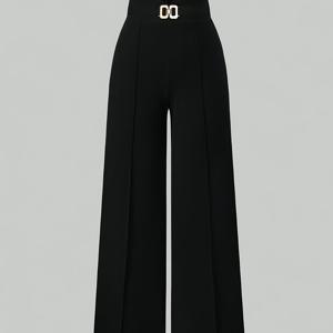 TEMU 여성용 와이드 레그 팬츠 - 탄력성 있는 허리밴드 & 메탈 체인 디테일, 하이웨이스트 풀 길이 우아한 바지, 이브닝, 데이트 나이트, 봄-여름-가을 착용 - 솔리드 블랙, 세탁기 사용 가능 (드라이클리닝 금지) - 오랜 착용감