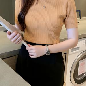 TEMU 우아한 여성 스웨터 | 스키니핏, 크루넥, 반팔, 단색, 약간의 스트레치 원단, 가을/겨울에 적합