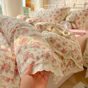 TEMU 레ース 장식 플로럴 이불 커버 4종 세트, 사계절용 이중 레이어 경량 통기성 침구, 부드럽고 통기성 좋은 프린트 이불 커버, 침대보, 베개 커버 포함, 기계 세탁 가능, 모든 계절에 적합