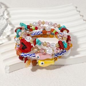 TEMU 여성용 패션 재미있는 세라믹 물고기와 하트 자갈 씨앗 구슬 스트레치 팔찌 4개 세트, 일상복, 휴가, 파티용, 발렌타인데이 선물, 어머니의 날 선물