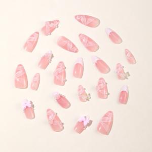 TEMU 24개입 신상 아몬드 모양 3D 프렌치 네일, 및 진주 장식, 무지개빛 컬러 그라데이션 및 3D 나비 특징. 결혼식, 학교 로맨스, 축제 행사, 데이트, 파티에 완벽하며 여성 선물로 좋습니다.