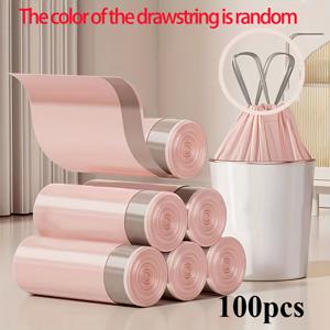 TEMU 1롤 100개 핑크색 끈달린 쓰레기 봉투 - 두꺼운 누수 방지 일회용 플라스틱 쓰레기 봉투, 휴대 및 사용이 편리한 쓰레기 처리, 다목적, 주방, 욕실, 침실, 거실, 화장실, 가정용 보관에 적합 | 스타일리시한 디자인 | 끈 달린 마감