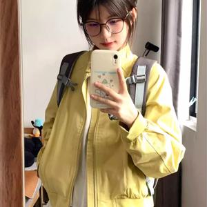 TEMU 일본 레트로 옐로우 작업복 재킷 여성용 신상 스몰 맨 도파민 웨어 야구 재킷