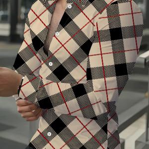 TEMU 남성용 긴팔 셔츠 가을 신상 패션 체크무늬 기하학적 패턴 컬러 블록 대조 스티칭 캐주얼 다용도 트렌디 프린팅 라펠 다림질 필요 없는 비즈니스 출퇴근용 아우터웨어 탑