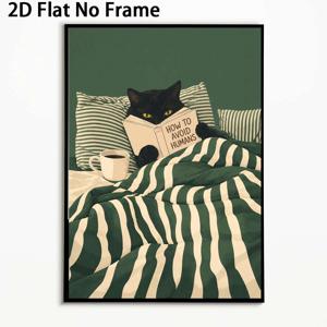 TEMU 2D 플랫, 2D 플랫, 검은 고양이가 '인간을 피하는 방법'을 읽는 2D 플랫 아트워크 1개, 빈티지 레트로 스타일로 디자인되었습니다. 이 액자 없는 캔버스 아트는 가정, 욕실과 같은 다양한 공간을 위한 벽 장식으로 사용됩니다.