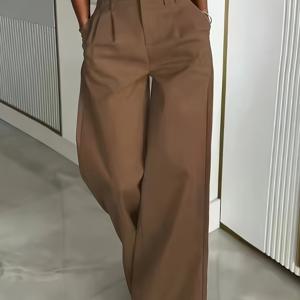 TEMU 여성용 하이웨이스트 와이드 레그 팬츠 - 봄/여름에 적합한 솔리드 컬러 논스트레치 세탁기 사용 가능한 우아한 와이드 레그 팬츠, 캐주얼 & 세미포멀 웨어, 포켓 디자인