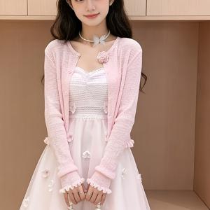 TEMU 여아용 플로럴 러플 얇은 니트 가디건, 봄 여름 가을용 긴소매 자외선 차단 아우터웨어, 가볍게 시스루되는 커버업, 에어컨 셔츠, 십대용