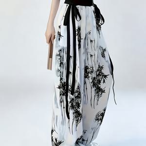 TEMU 여성용 중국 스타일 아이스 와이드 레그 팬츠 - 대나무 그림자 수묵화 하이웨이스트 바지, 레그 -스위핑 기장, 캐주얼, 사무실 & 평상복에 적합, 손세탁 가능 비정장 바지