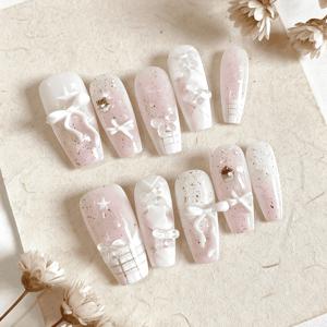 TEMU 카와이 핑크 화이트 프레스온 네일 3D 리본 글리터 스타 디자인 롱 코핀 네일 재사용 가능 쉬운 적용
