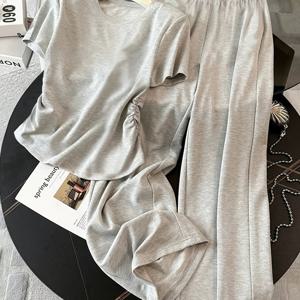 TEMU 봄 여름 통근복 편안한 투피스 세트 여성용 이지 라운드넥 반팔 및 매칭 단색 플로리드 와이드 레그 팬츠 데일리 아우터 캐주얼 의상