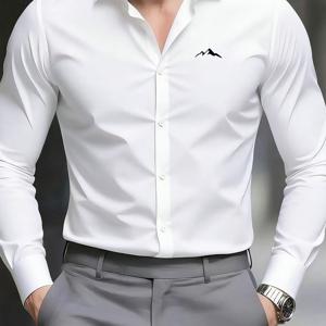 TEMU 남성용 업무용 다림질 필요 없는 긴팔 셔츠, 설산 프린트, 슬림핏 전문가용 정장, 면접 및 출퇴근용 활용도 높은 단색 셔츠