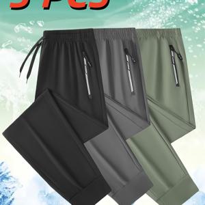 TEMU 3개 남성용 경량 통기성 아이스 필드 섬유 캐주얼 바지, 쿨링 기술, 탄성 드로스트링 허리, 레그 디자인 - 세탁기 사용 가능