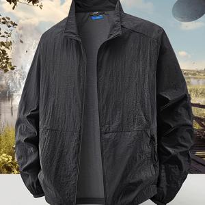 TEMU 남성용 경량 방풍 재킷 - 통기성 좋은 100% 나일론 원단, 스탠드업 칼라, 지퍼, 단색, 야외 활동에 적합