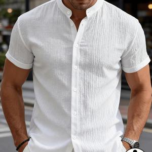 TEMU JOSHIMAY 남성 여름 반팔 셔츠 | 가볍고 통기성 좋은 단색 버튼업 셔츠, 스탠드 칼라 디자인으로 해변 바캉스, 수영장 파티 및 캐주얼 복장에 적합