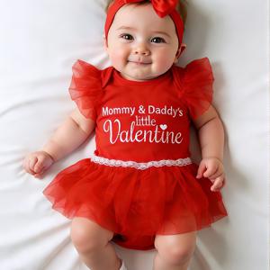 TEMU 3pcs 신생아 발렌타인데이 사진 촬영 의상 아기 니트 퍼프 슬리브 롬퍼 메쉬 스커트 리본 머리띠 세트 HD15