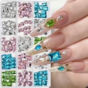 TEMU 90개 멀티 쉐입 컬러 네일 라인스톤 키트, 15개 그리드 플랫백 젬 (사각형, 하트, 눈물방울, 타원형), 핑크, 블루, 그린 및 클리어 색상, 네일 아트 및 네일 살롱용 3D 네일 아트 장식