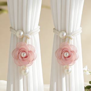 TEMU 스타일 3D 플라워 커튼 타이 2개 세트, 진주 장식, 거실 및 침실을 고급스럽게 꾸미는 조절 가능한 커튼 클립