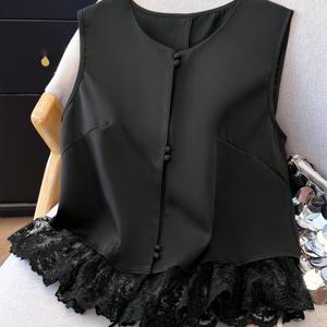 TEMU 유럽에서 개발된 여성용 솔리드 컬러 자수 레이스 트림 민소매 블라우스, 디자인 디테일, 봄과 여름에 적합, 캐주얼하고 패셔너블한 대학 복장