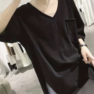 TEMU 슬릿 티셔츠 여성 여름 루즈핏 한국 롤링 엣지 앞면 숏 백 롱 반팔 V넥 탑