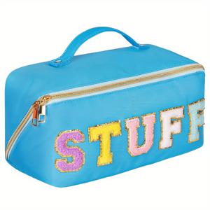 TEMU 합성 나일론 자수 문자 메이크업 가방, 셔닐 자수 글자, 대용량 멀티 포켓 다기능 수납 가방, 손잡이 디자인, 다양한 색상 선택 가능, 일상적인 가정 보관 및 여행 사용에 적합