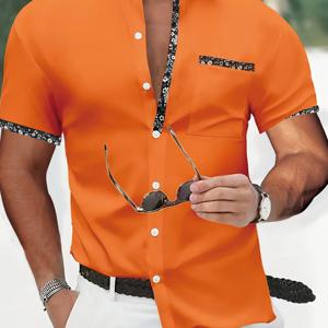 TEMU 남성 봄 여름 가을 단색 패치워크 플로럴 프린트 캐주얼 편안한 반팔 셔츠, 휴가, 캐주얼 외출에 적합, 100%, 세탁기 사용 가능, 드라이기 사용 불가. XCY880