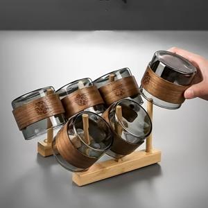 TEMU 6개 두꺼운 유리컵 세트 (컵홀더 및 내열 나무 코스터 포함), 캐주얼 모임에 이상적