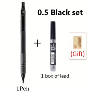 TEMU 고품질 금속 블랙/실버 자동연필, 0.3/0.5/0.7/0.9/2.0mm 블랙 HB 교체용 심, 전문 미술 손그림 펜 및 문구용 (펜 1개 + 심 1박스 + 지우개 1개)