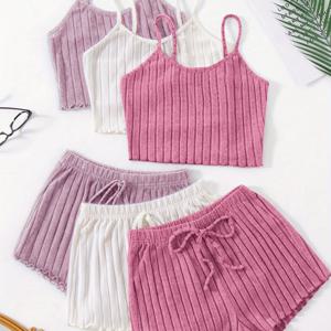 TEMU 3세트 스탠다드 코드 여성용 사계절 봄/여름 잠옷 여성용 단색 장미색 + 흰색 + 보라색 캐주얼 쉬운 섹시 멜빵 반바지 투피스 잠옷 여성