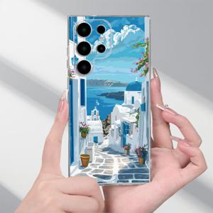 TEMU 폰 케이스: 그리스 마을 풍경 패턴, 클래식 투명 방탄 휴대폰 보호 케이스, 갤럭시 S25, S24, S23, S22, S21, S20, A52, A53, A54, A55, A34, A33, A32, A25, A24, A23, A14, A13, 울트라 플러스 FE5G시리즈 호환, 완벽한 보호 제공