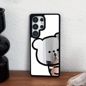 TEMU 휴대폰 케이스 - 은색 거울 안티ショ크 폰 케이스 (메이크업 거울 포함), 독특한 블랙 앤 화이트 곰돌이 디자인 폰 커버. 삼성 S25 Ultra/S24 Plus/S25 Edge/S24 FE 호환. 특별한 날을 위한 고급스러운 패셔너블 선물