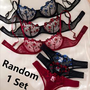 TEMU 랜덤 1세트, 고딕 란제리 세트, 자수 꽃이 있는 블랙과 레드 작은 꽃무늬, 시스루 언더와이어 브라와 로우라이즈 팬티가 포함된 섹시 세트, 여성적인 매력을 뽐내는 대담한 의상, 여성용 데일리 란제리 세트