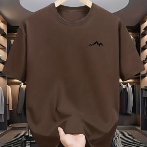 TEMU 남성용 캐주얼 셔츠, 자연주의적! 작은 설산 프린트 캐주얼 블랙 셔츠 - 통기성 폴리에스터 섬유, 라운드 넥, 반팔 - 봄/여름 스트리트웨어 및 휴가 편안함