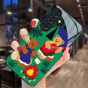 TEMU 휴대폰 케이스 - 만화 곰 캠핑 패턴 휴대폰 케이스, 삼성 갤럭시 S9+/S10/S20+/S20 울트라/S21 5G/S21+/S22/S23 플러스/S24 플러스/S25/S25 엣지/노트 9/노트 10/노트 10+/노트 20/노트 20 울트라 호환. 내구성이 뛰어나고 튼튼한 유리 휴대폰 케이스