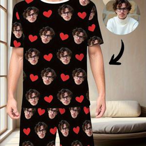 TEMU 남성용 맞춤 사진 세트 - 맞춤 얼굴 및 사진 프린트 - 부드럽고 통기성 좋은 크루넥 티셔츠와 매칭 반바지 - 전체 프린트 커플 의상 - 남편 또는 남자친구를 위한 이상적인 선물 - 생일/기념일 선물 - 매칭 캐주얼 웨어