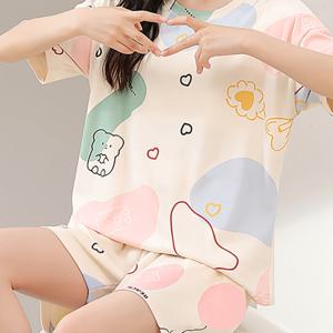 TEMU 여성 캐주얼 오리 프린트 파자마 세트 - 블루 라운드넥 반팔 상의와 탄성 허리 반바지, 세탁기 사용 가능, 여름 잠옷으로 완벽, 루즈핏 파자마, 고무 혼방 소재