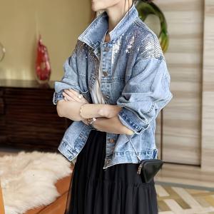TEMU 여성 데님청자켓 뒤태 뒷버튼 패션 스팽글 루즈핏 워싱 숏 점퍼 여성 봄 자켓 데일리 캐주얼 편안한 데님자켓 상의