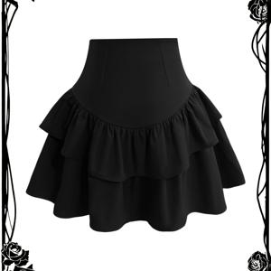 TEMU 여성용 삼각형 비대칭 스윙 디자인 이중 레이어 러플 밑단 단색 활용도 높은 빈티지 캐주얼 스커트 미니 원피스