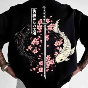 TEMU 루즈핏 편안한 캐주얼 벚꽃 카프 검 타투 일본 패턴 트렌디 남녀 공용 순수 반팔 티셔츠 개인 맞춤 프린팅 디자인 다용도 상의 여름 신상 루즈핏 편안한 통기성 의류