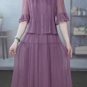 TEMU 우아한 프렌치 스타일 미디 드레스 | V넥 싱글 버튼, 러플 소매, 하이웨스트 플레어 스커트, 버블 메쉬 원단, 포켓 디테일, 봄/여름/가을에 완벽