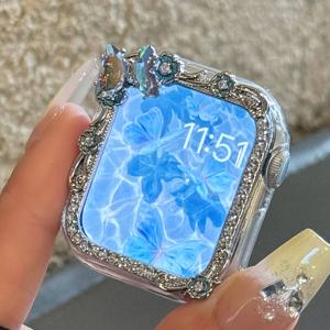 TEMU JCXCYX 럭셔리 라인석 나비 꽃 케이스, Apple Watch Ultra/9/8/7/6/SE 호환, iWatch 41mm 46mm 49mm용 커버, 라인석 케이스가 있는 투명 PC 하드 케이스, 스크래치 방지 커버