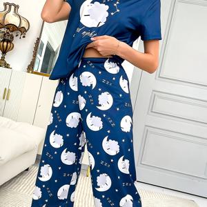 TEMU 귀여운 여성용 별 프린트 라운드넥 반팔 & 7-포인트 팬츠 잠옷 세트 2피스