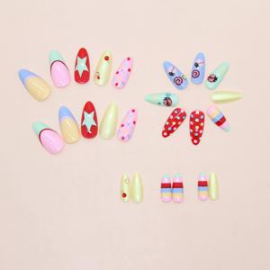 TEMU 새로운 박스형 아몬드형 도파민 무당벌레 프렌치 스타일 물방울 스타 프레스온 네일, 환상적인 캔디 테마 라인스톤 네일팁, 달콤한 빈티지 스타일 탈착식 인조네일