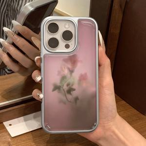 TEMU 파우더 미스트 베이스와 라이트 핑크 플로럴 헤이지 패턴 휴대폰 케이스, 아이폰 17 Pro Max 케이스, 아이폰 16 Pro/15/14/13P/12/11 호환, 낙하 방지, 심플하고 창의적인, 고급스러운 PC 전기도금 에폭시 수지 보호 커버, 휴일 선물, 다양한 상황에 적합