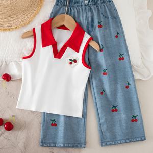 TEMU 2pcs/세트 여아용 바지 세트, 라펠 대비 색상 캐미솔 및 체리 프린트 바지, 사랑 체리 자수 배지 포함, 및 외출복으로 적합한 트렌디한 봄/여름 의류, 여아 선물용으로 적합, 야외 활동에 적합