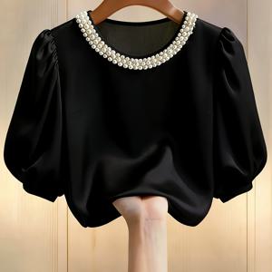 TEMU 플러스 사이즈, 플러스 사이즈 우아한 여성용 고광택 새틴 드레이프 새틴 쉬폰 라운드 넥 탑, 트리플 로우 진주 비즈 장식 및 빈티지 퍼프 랜턴 슬리브
