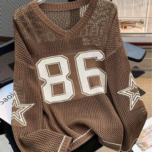 TEMU 새로운 패션 여성 캐주얼 트렌디 쿨 스타일 솔리드 넘버 스타 메쉬 스웨터 데일리 다용도 스트리트 스타일 여성 봄 여름 V넥 긴소매 루즈 스웨터