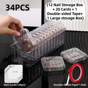 TEMU 34개 네일 아트 보관함 세트. 12개의 보관 상자, 20개의 카드, 양면 테이프 1개, 대형 보관 상자 1개가 포함되어 있습니다. 프레스온 네일, 주얼리, 인조 속눈썹, 화장품 보관에 적합합니다. 12개의 디스플레이 상자와 대형 보관 용기가 포함되어 있습니다.