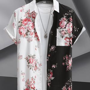 TEMU 남성용 컬러 블록 프린트 셔츠, 해외 무역 패션 캐주얼 트렌디